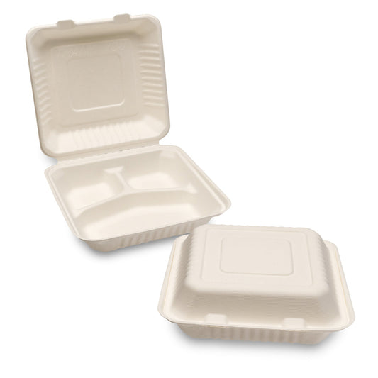 MP3 BAGASSE THREE COMP MEAL BOX (230x230x50mm/9×9”)- 4X50